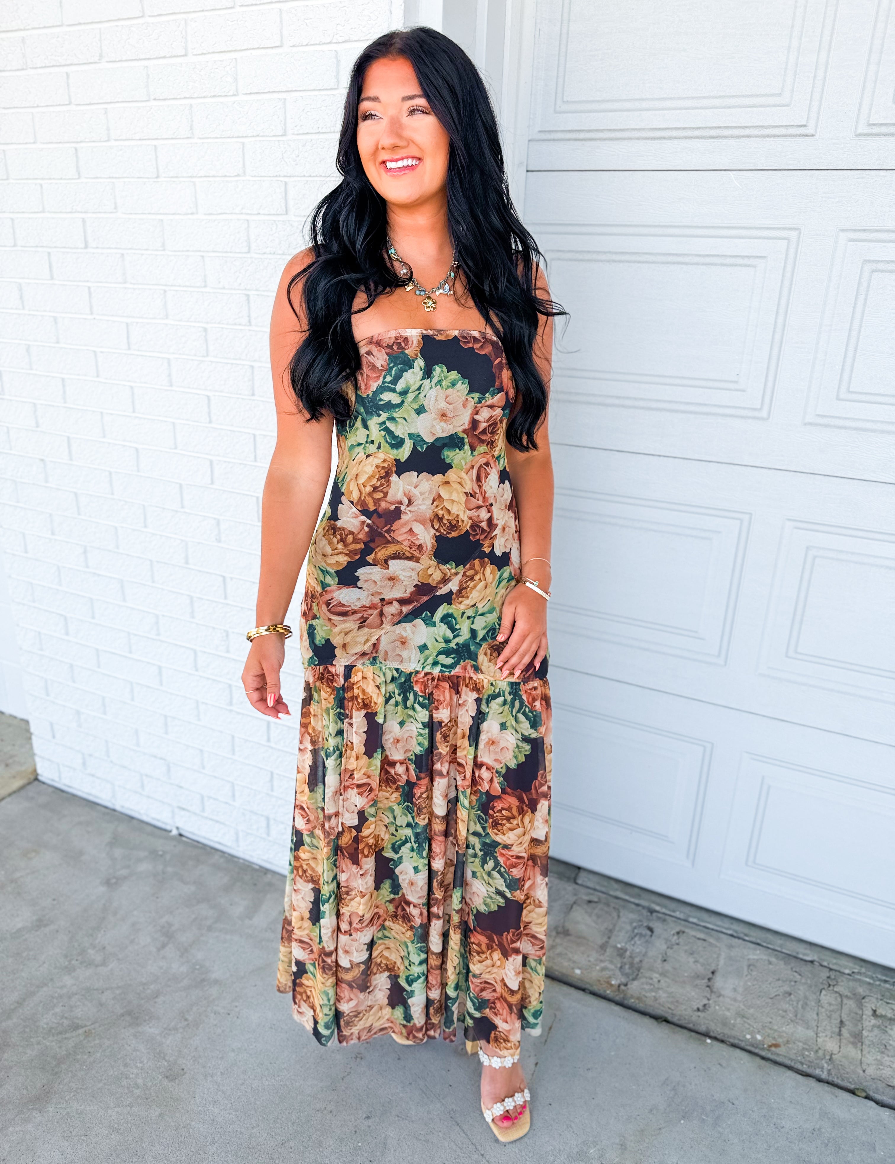 Floral Mesh Strapless Asymmetrical Maxi Dress - Black - Lace and Grace Boutique
