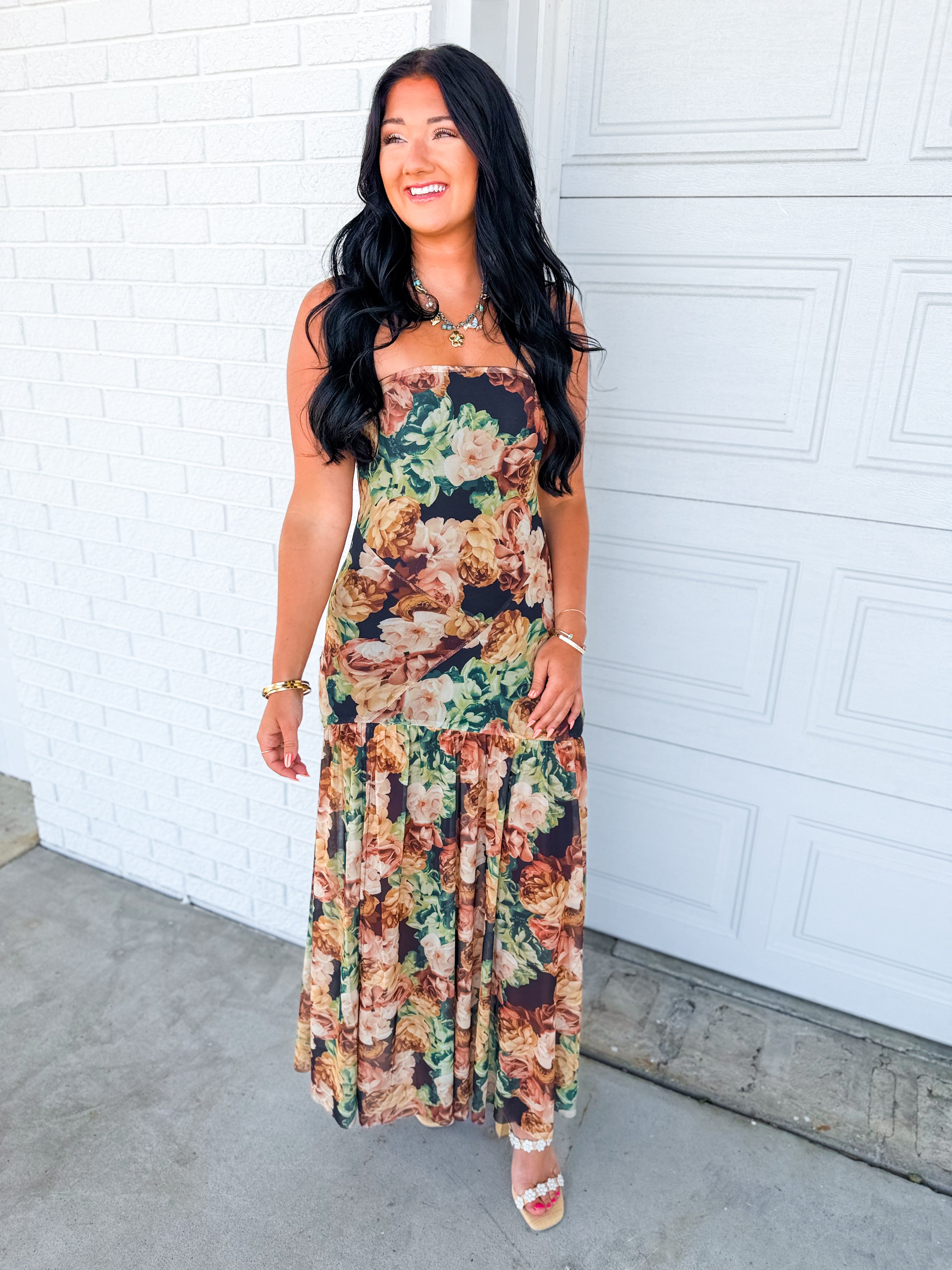 Floral Mesh Strapless Asymmetrical Maxi Dress - Black - Lace and Grace Boutique