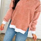 Fleece Acid Wash Contrast Trim Pullover - Rust