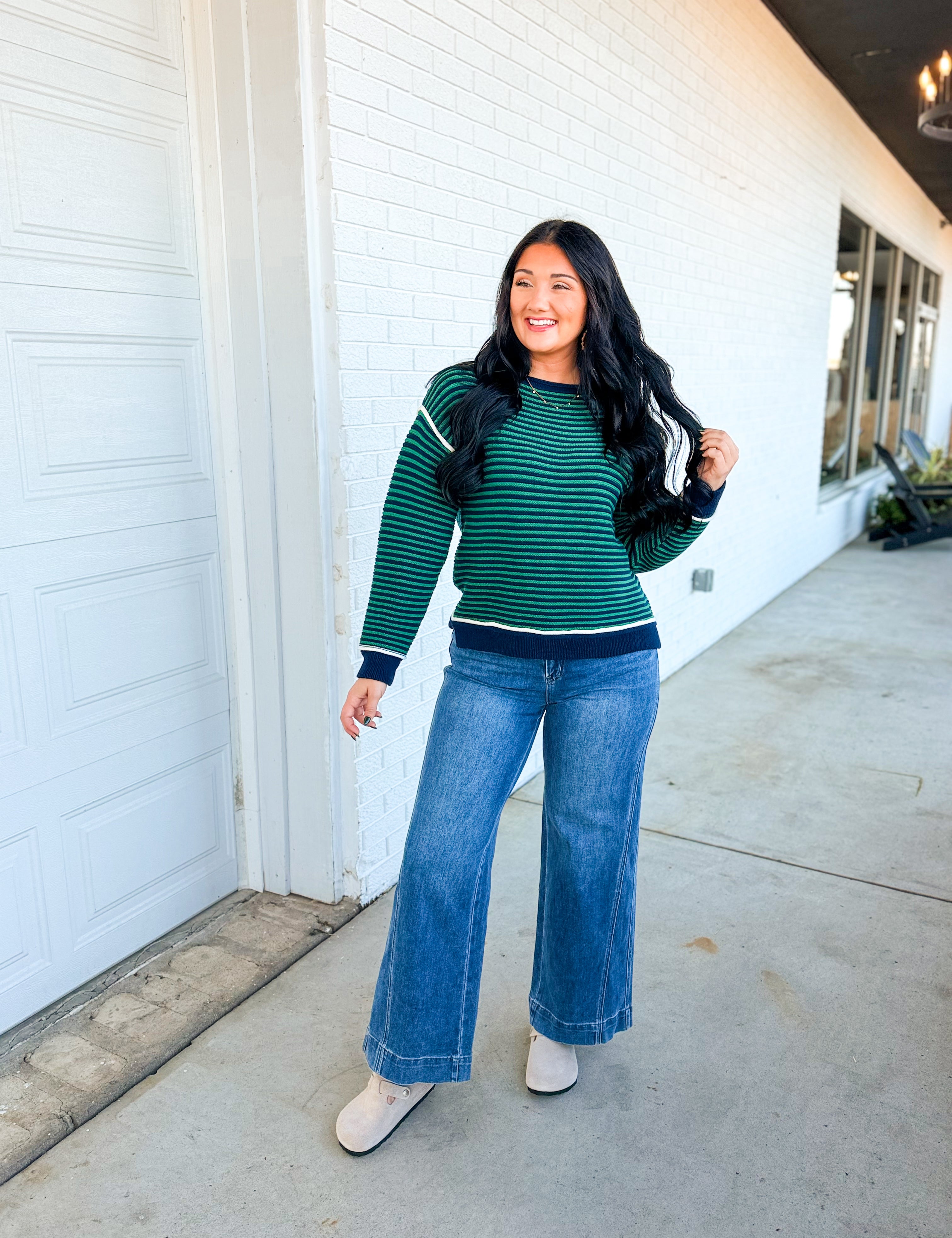 Striped Contrast Trim Knit Sweater - Navy/Green - Lace and Grace Boutique