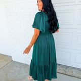 Smocked Washed Satin Tiered Maxi Dress - Emerald