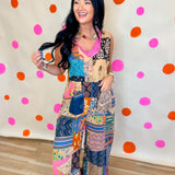 POL V-Neck Patchwork Overalls - Almond Multi