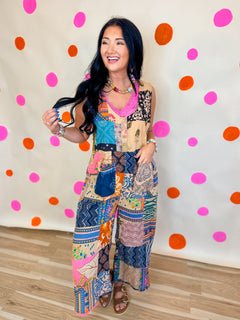 POL V-Neck Patchwork Overalls - Almond Multi - Lace and Grace Boutique