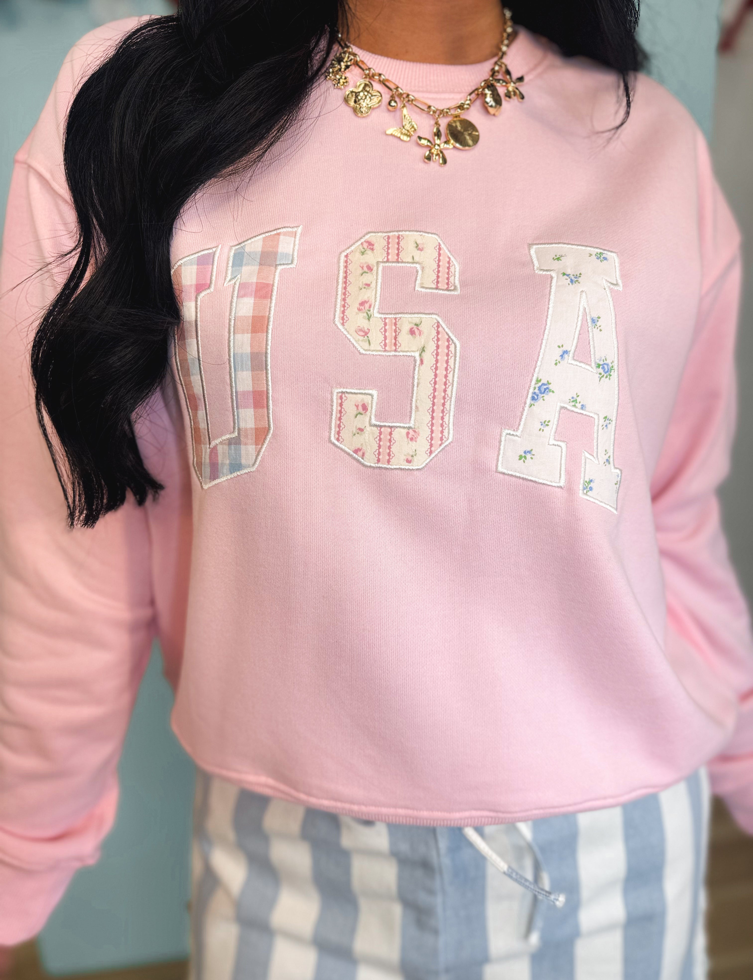 USA Patchwork Pullover - Pink - Lace and Grace Boutique