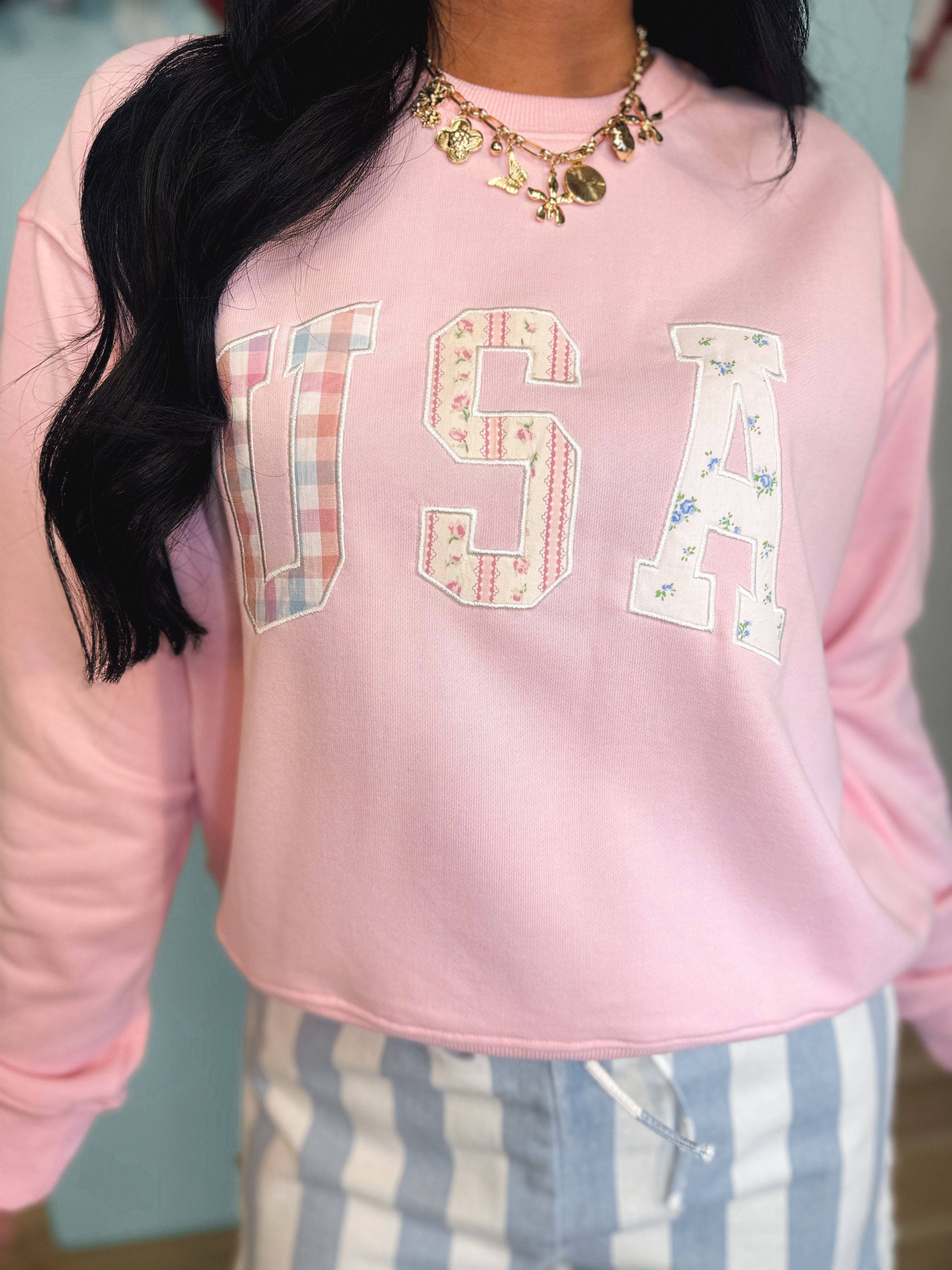 USA Patchwork Pullover - Pink - Lace and Grace Boutique