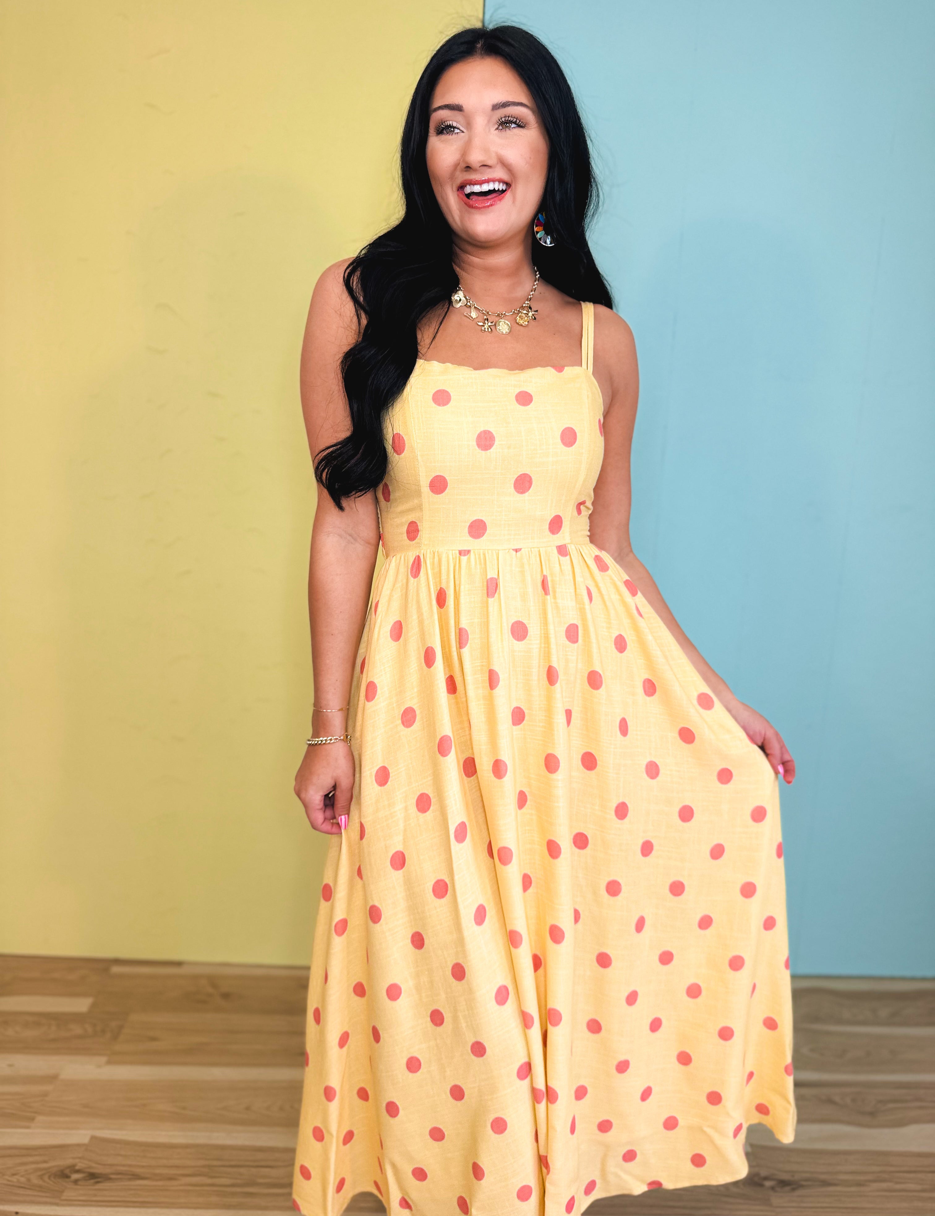 Polka Dot Woven Midi Dress - Light Yellow - Lace and Grace Boutique