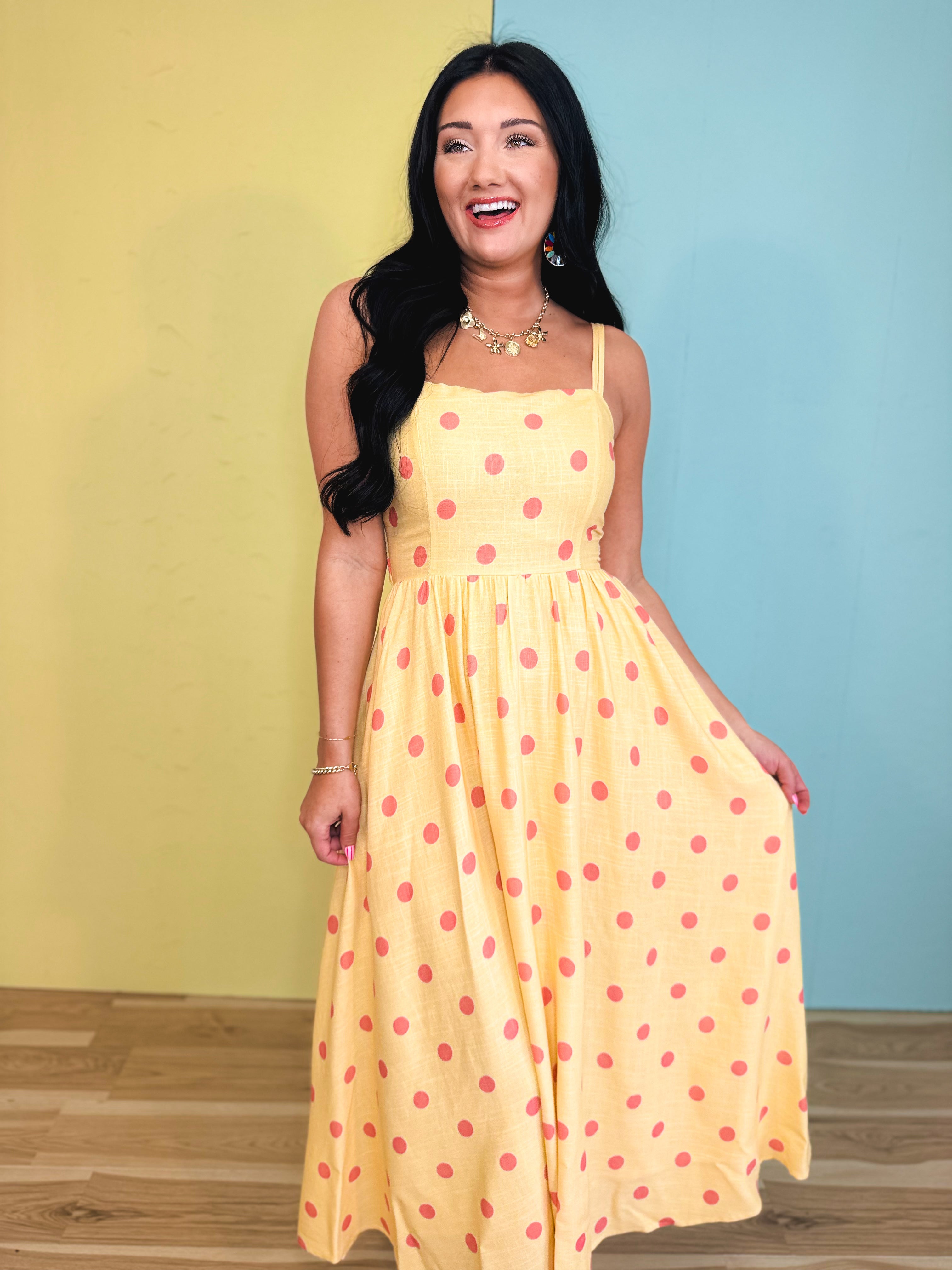 Polka Dot Woven Midi Dress - Light Yellow - Lace and Grace Boutique