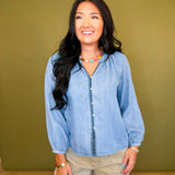 Whipstitch Detail Soft Denim Blouse - Medium Wash
