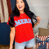 America Polka Dot Knit Short Sleeve Top - Red