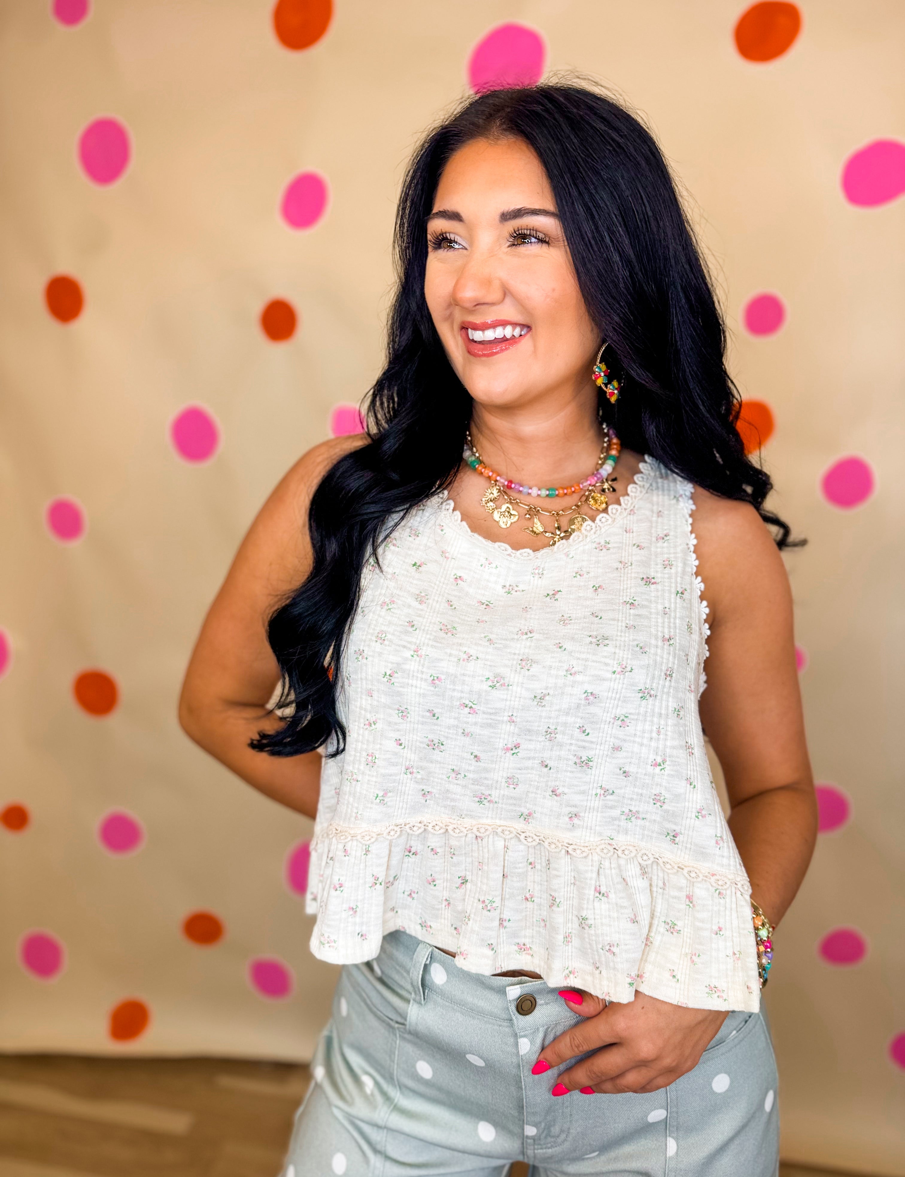 POL Floral Ruffle Hem Tank Top - Cream Multi - Lace and Grace Boutique