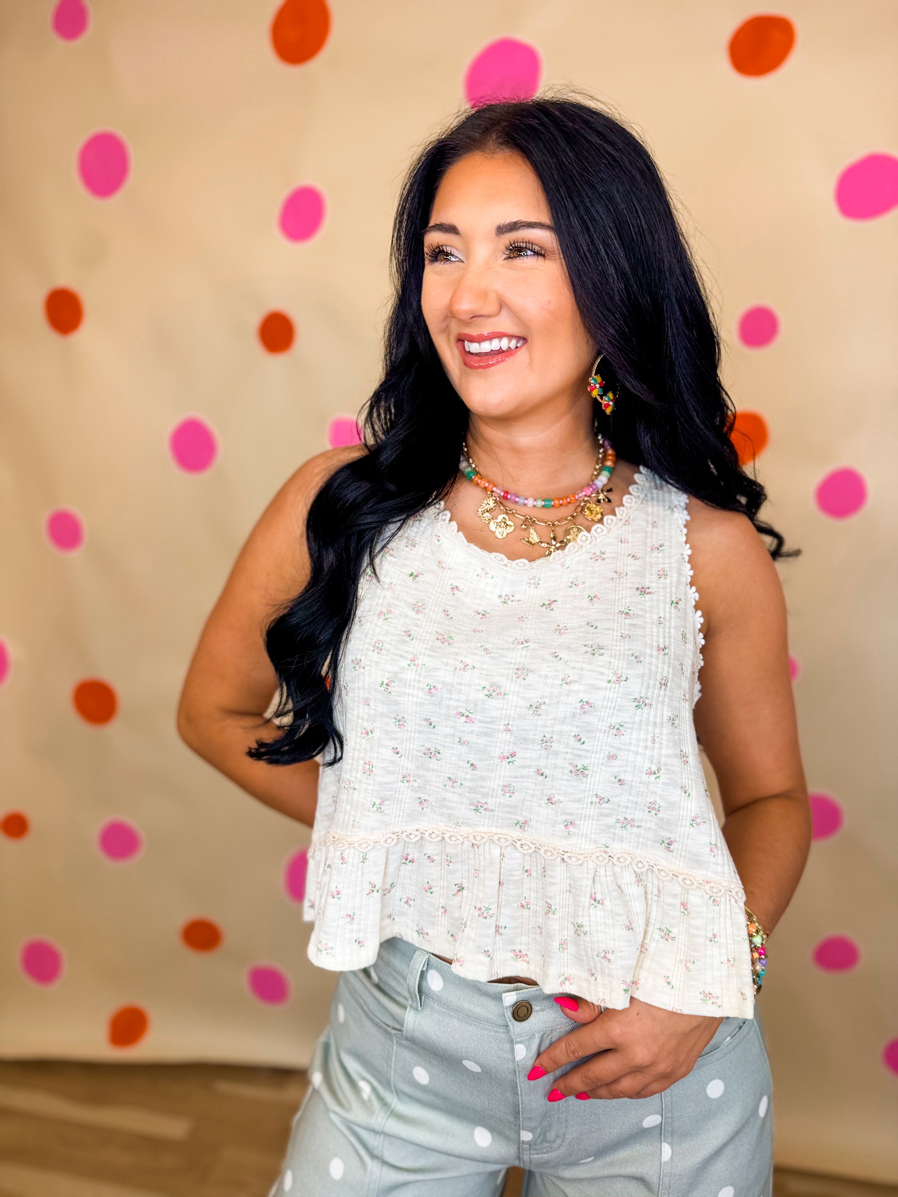 POL Floral Ruffle Hem Tank Top - Cream Multi - Lace and Grace Boutique