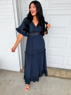 Lace Trim Ruffle Sleeve Maxi Dress - Navy - Lace and Grace Boutique