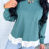 Lace Trim Thermal Knit Top - Dark Teal