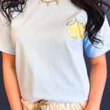 Lemon Embroidery Contrast Neck Tee - Sky - Lace and Grace Boutique