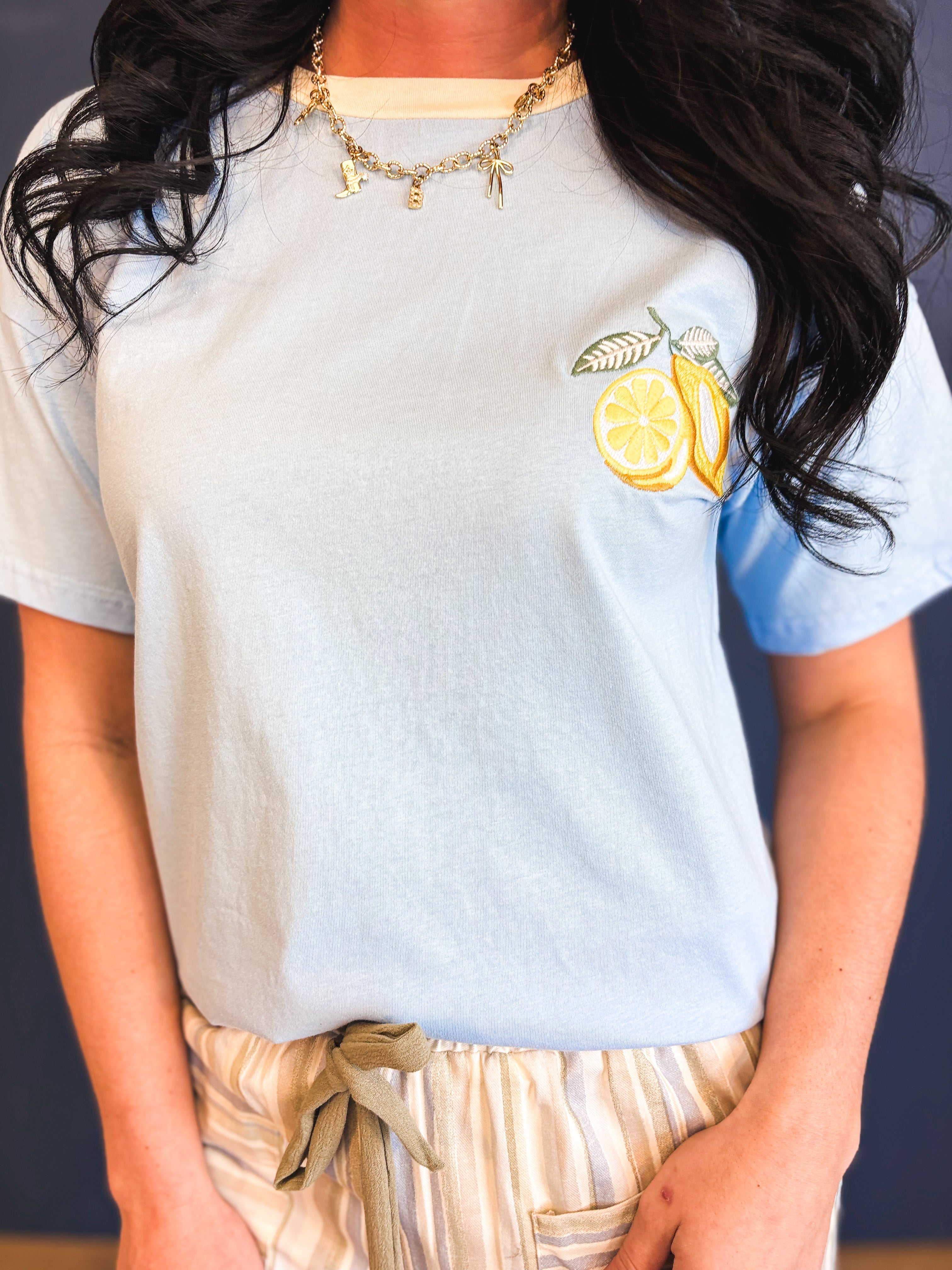 Lemon Embroidery Contrast Neck Tee - Sky - Lace and Grace Boutique