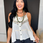POL Floral Lace Patch Vintage Tank Top - Off White - Lace and Grace Boutique