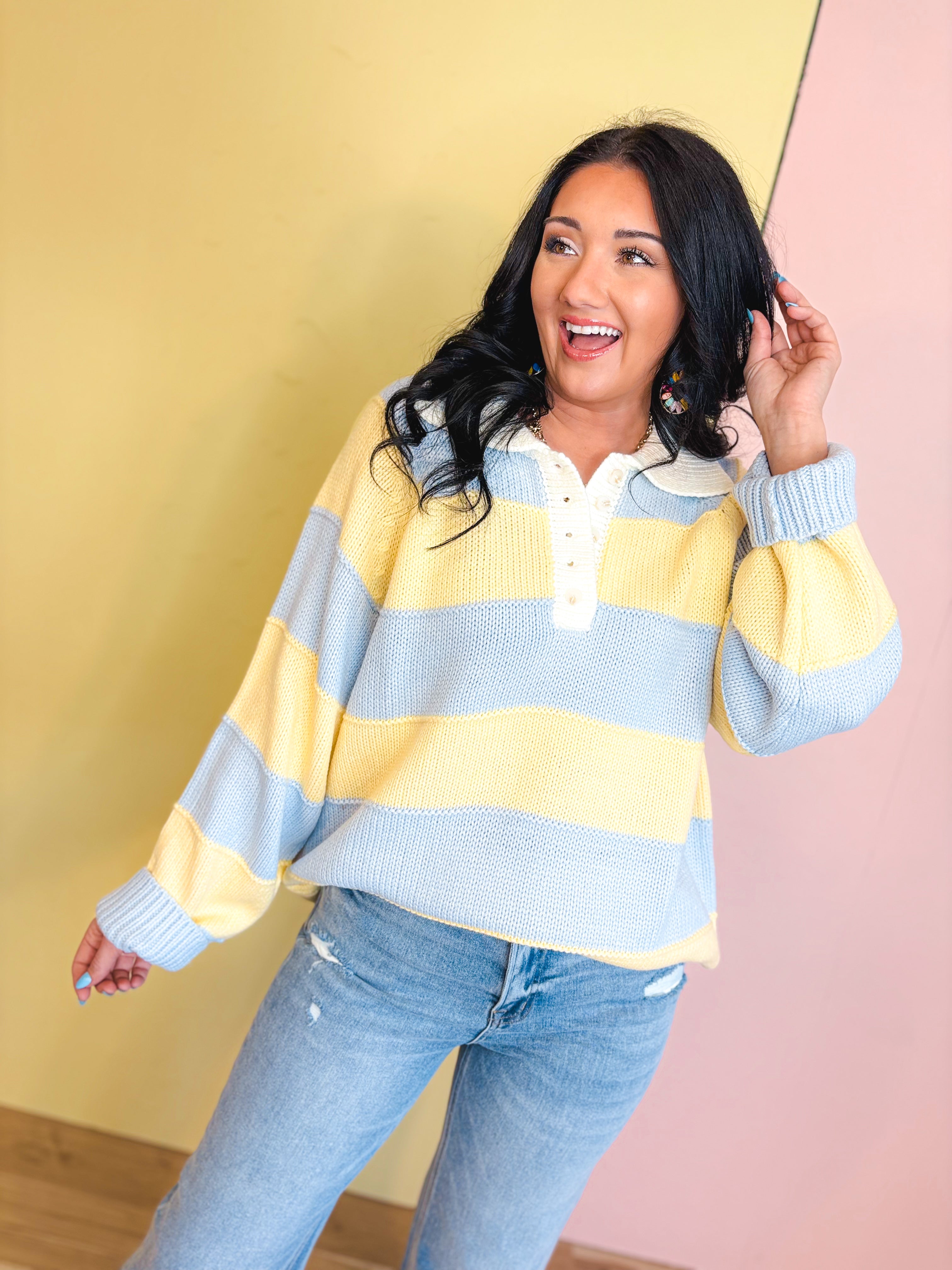Wide Striped Collared Knit Sweater - Blue/Yellow - Lace and Grace Boutique