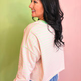 Striped French Terry Long Sleeve Cropped Top - Pink/Mint - Lace and Grace Boutique