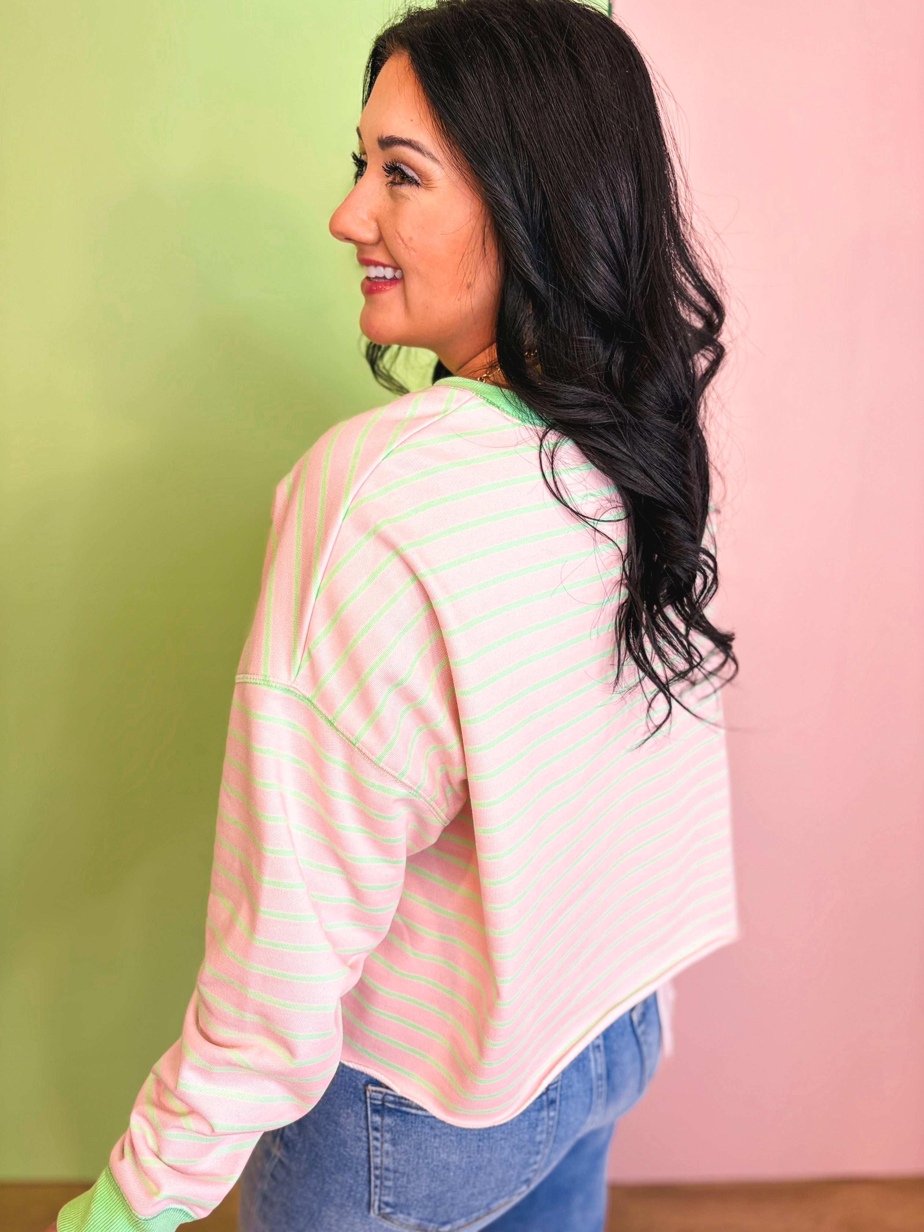 Striped French Terry Long Sleeve Cropped Top - Pink/Mint - Lace and Grace Boutique