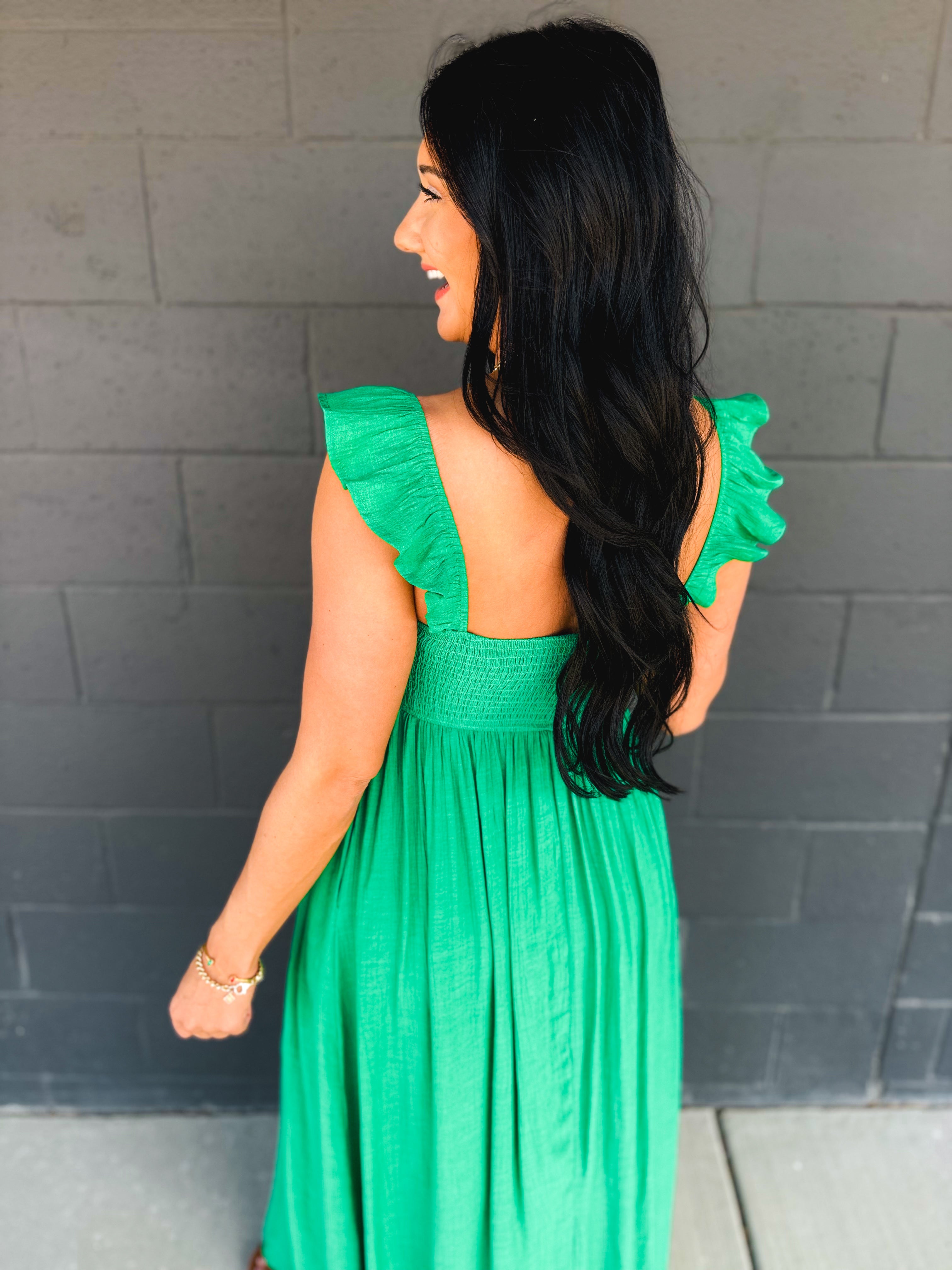 Ruffle Sleeve Front Slit Maxi Dress - Green - Lace and Grace Boutique