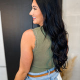 Crochet Ruffle Trim Ribbed Tank Top - Olive