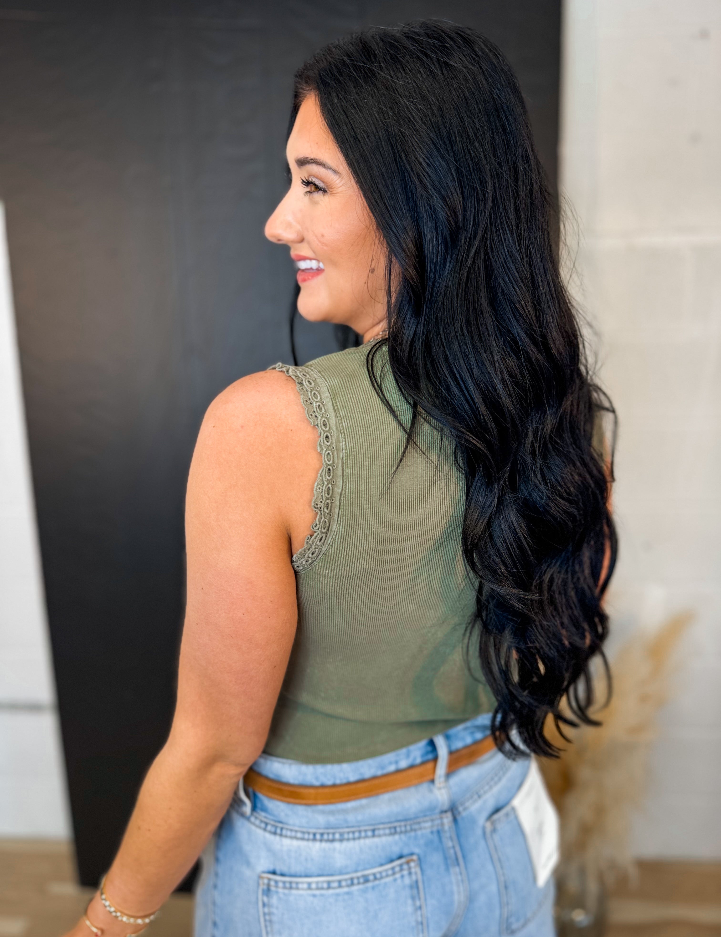 Crochet Ruffle Trim Ribbed Tank Top - Olive - Lace and Grace Boutique