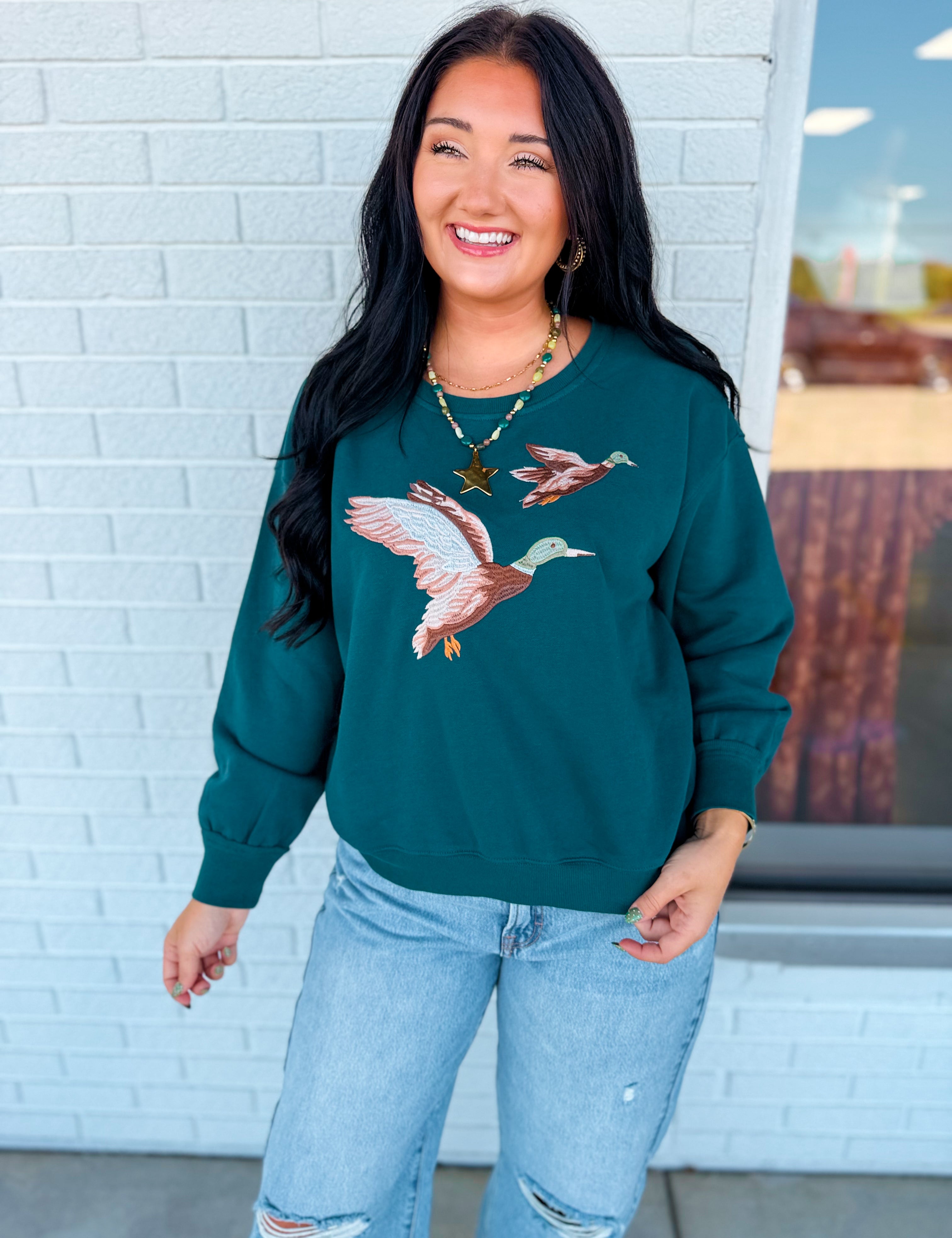 Embroidered Duck Pullover Top - Heritage Green - Lace and Grace Boutique