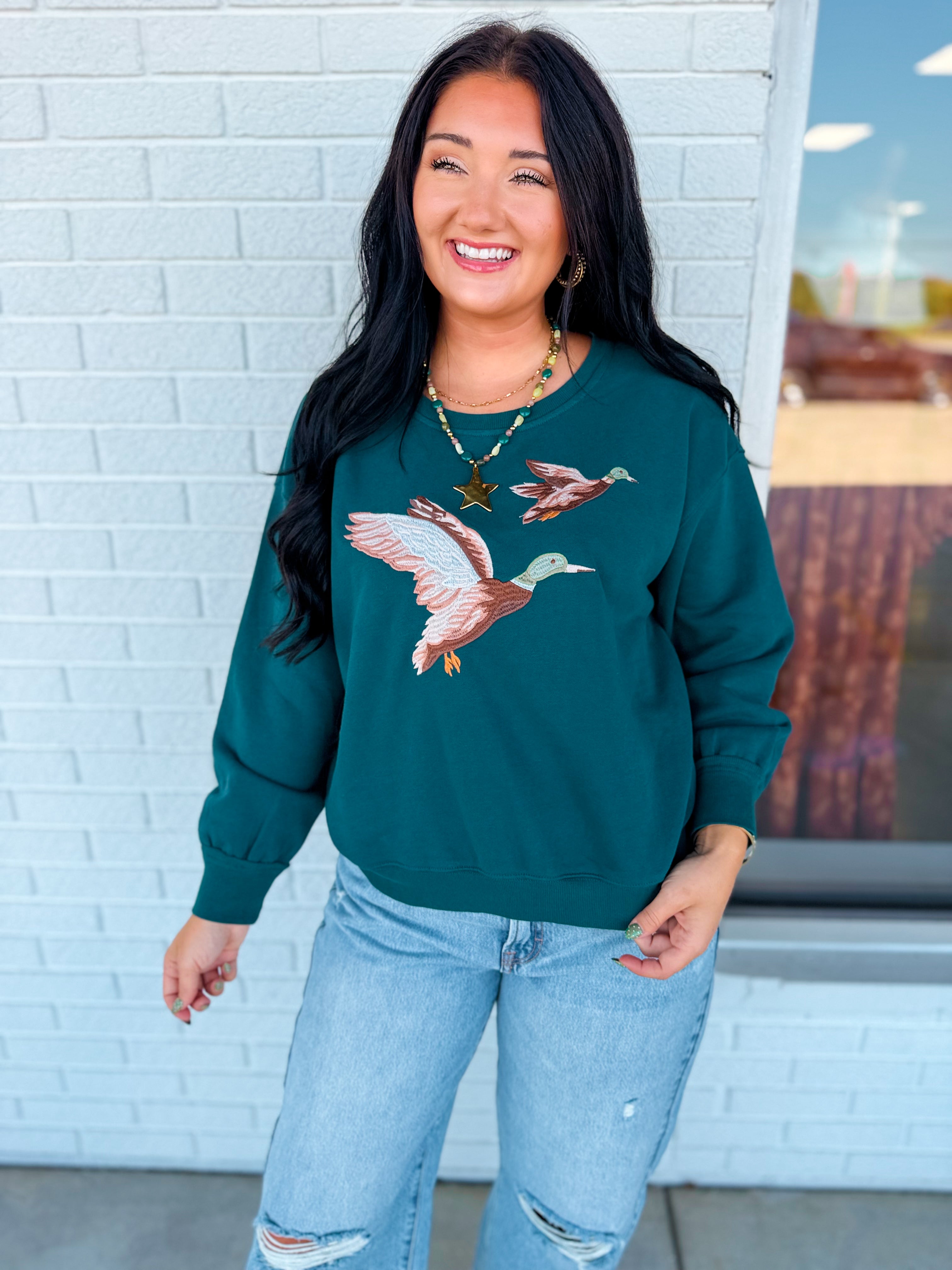 Embroidered Duck Pullover Top - Heritage Green - Lace and Grace Boutique