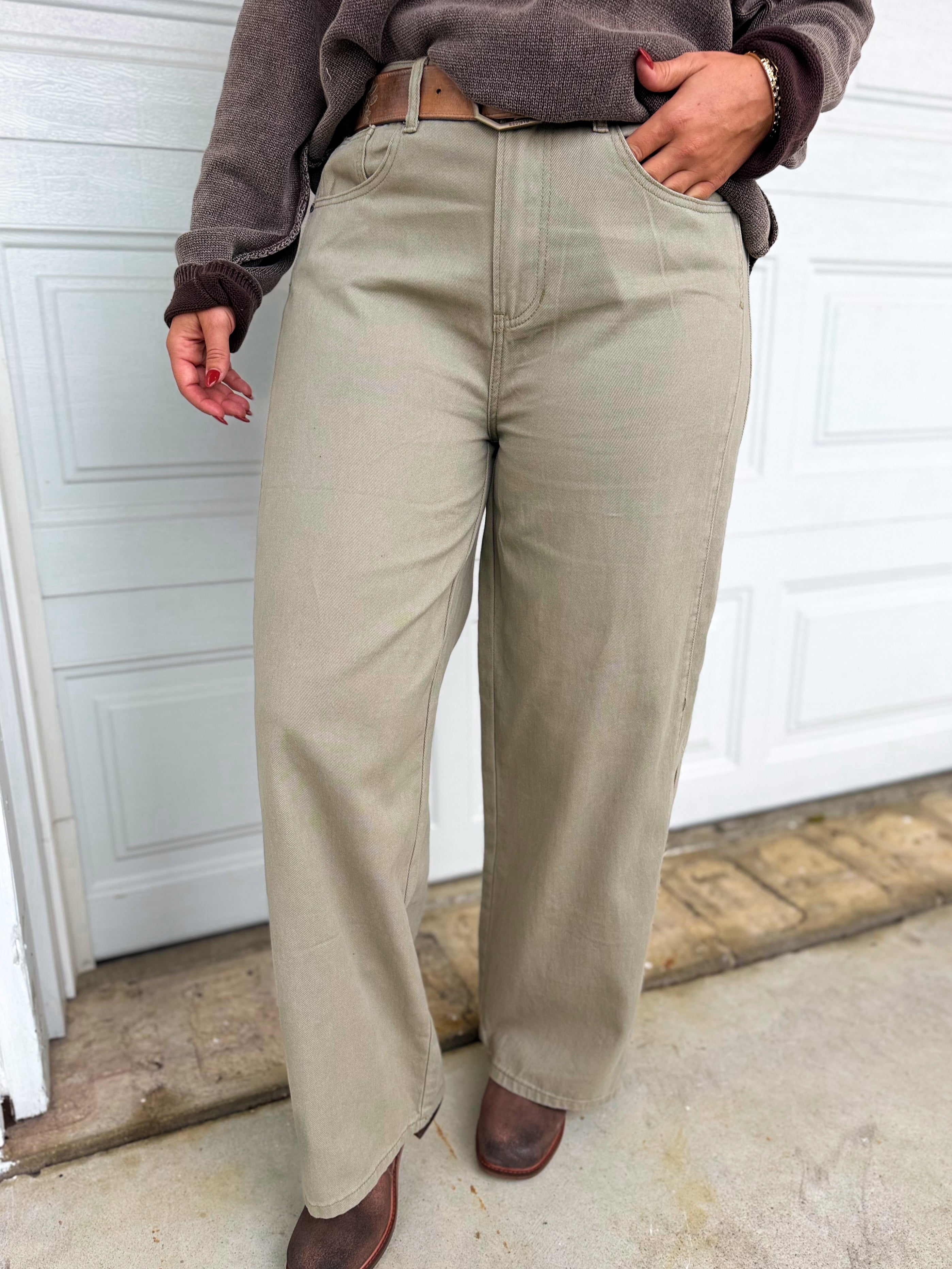 Cotton Twill Wide Leg Pants - Grey - Lace and Grace Boutique