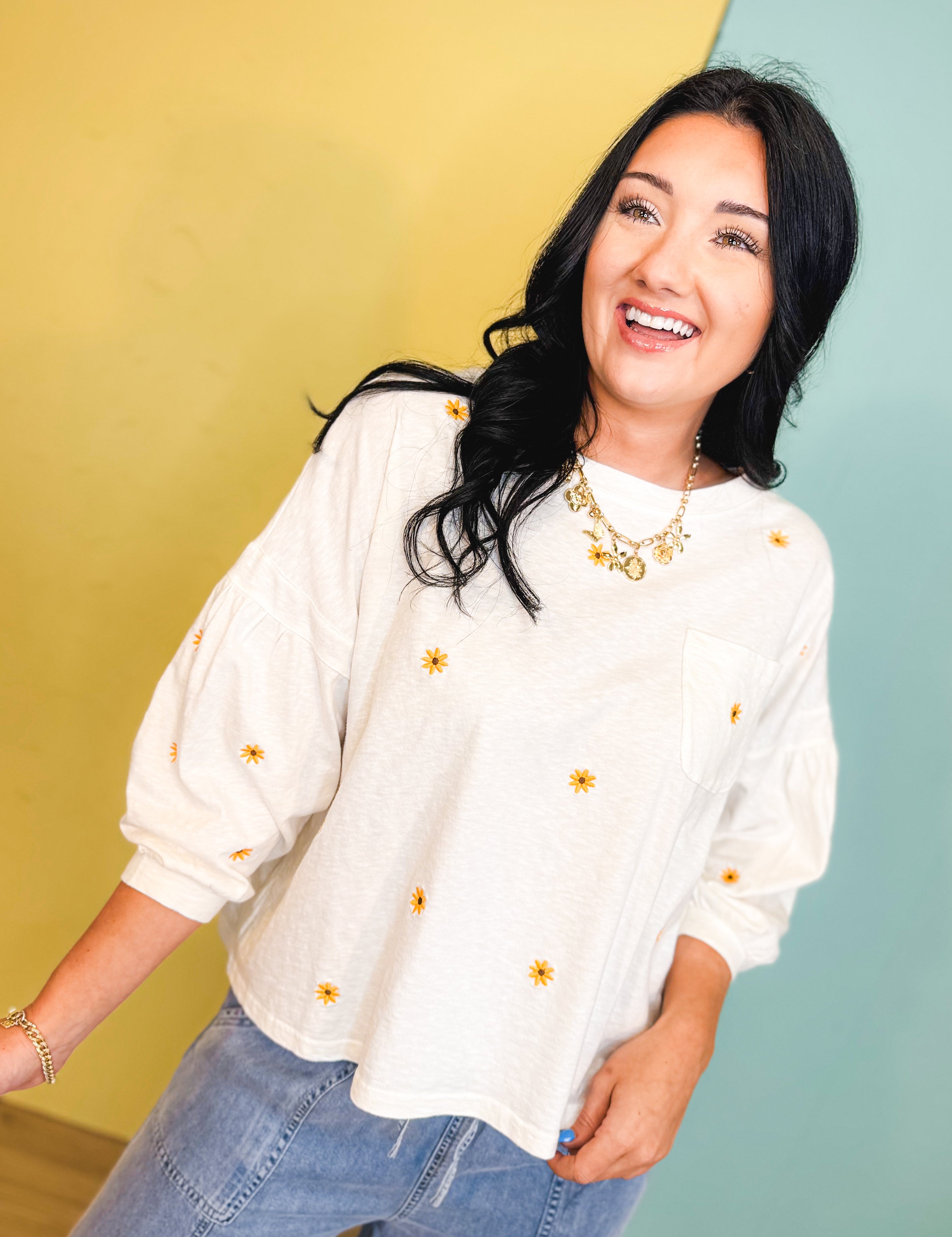 Sunny Days Daisy Embroidered Top - Cream - Lace and Grace Boutique