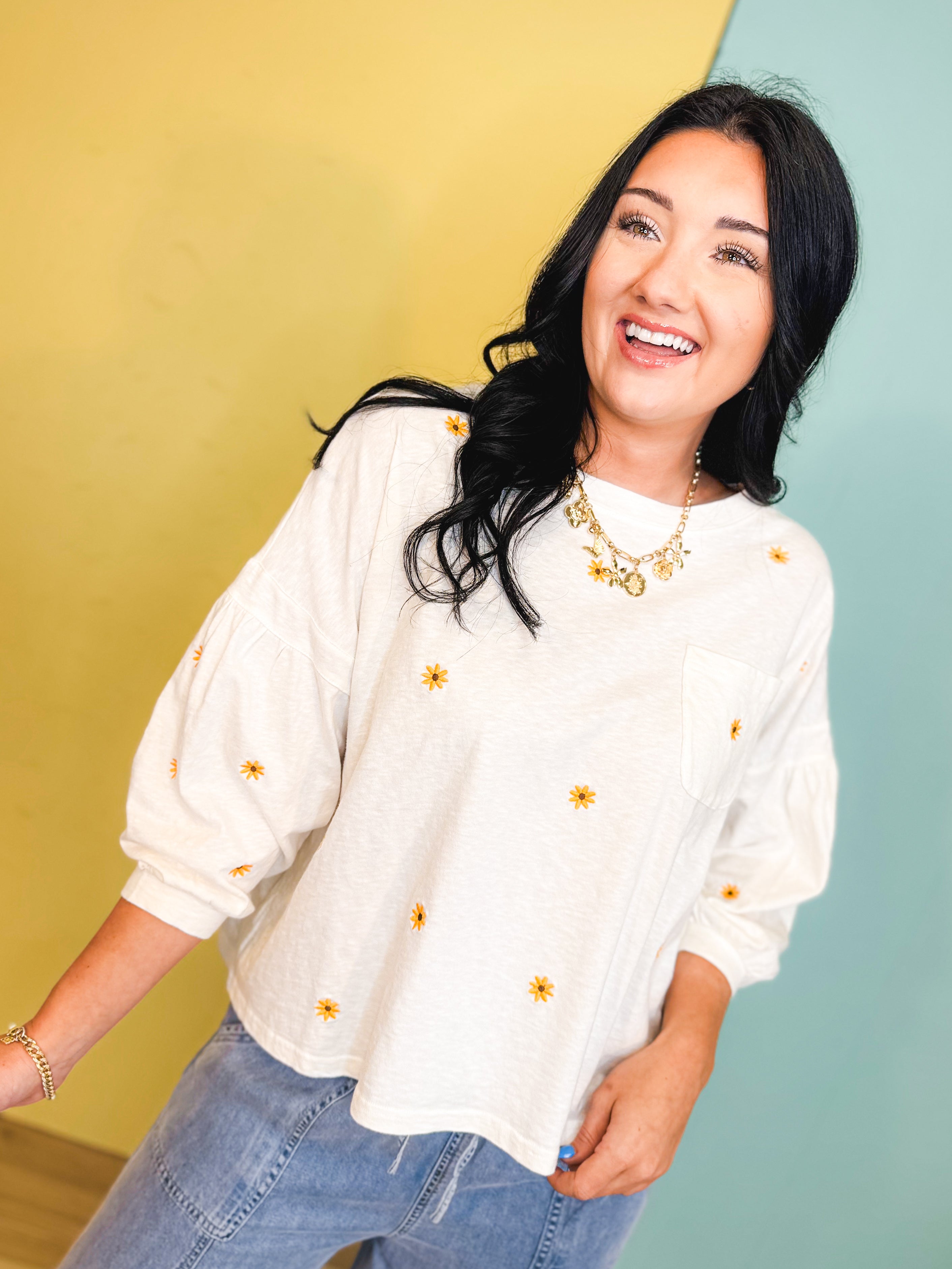 Sunny Days Daisy Embroidered Top - Cream - Lace and Grace Boutique