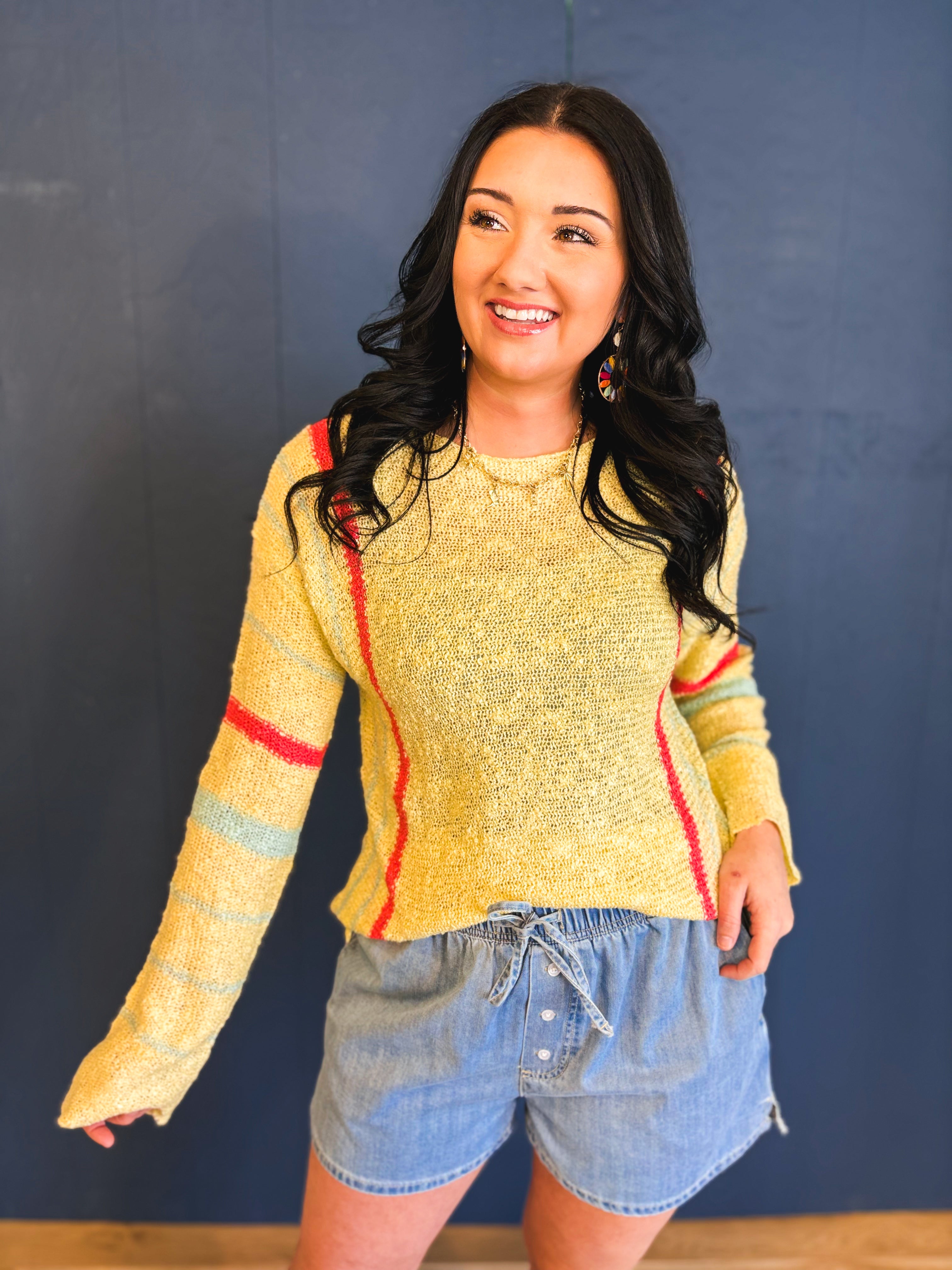 Multicolor Striped Lightweight Sweater - Butter/Papaya - Lace and Grace Boutique