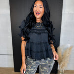 Tiered Ruffle Lace Trim Swing Top - Black - Lace and Grace Boutique