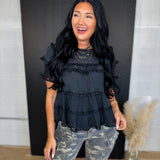 Tiered Ruffle Lace Trim Swing Top - Black - Lace and Grace Boutique