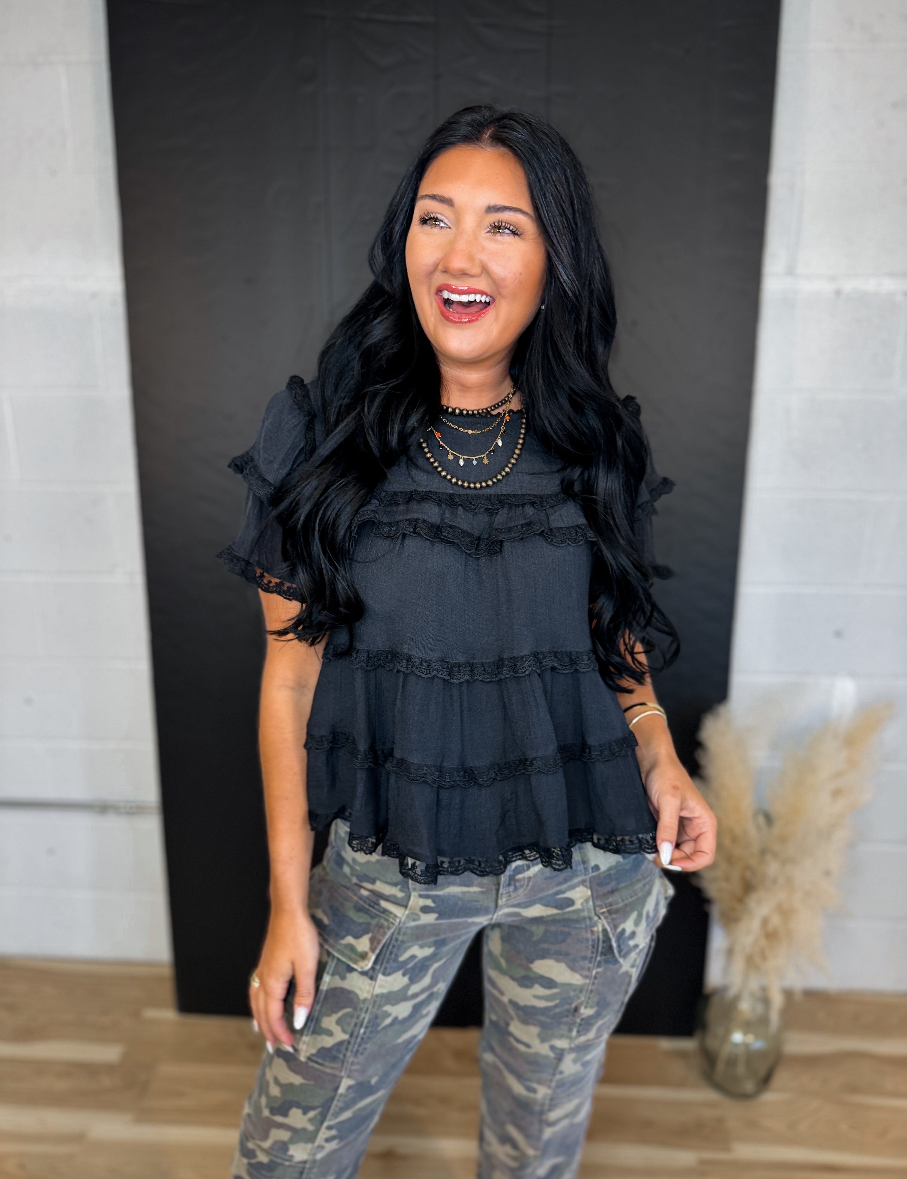 Tiered Ruffle Lace Trim Swing Top - Black - Lace and Grace Boutique