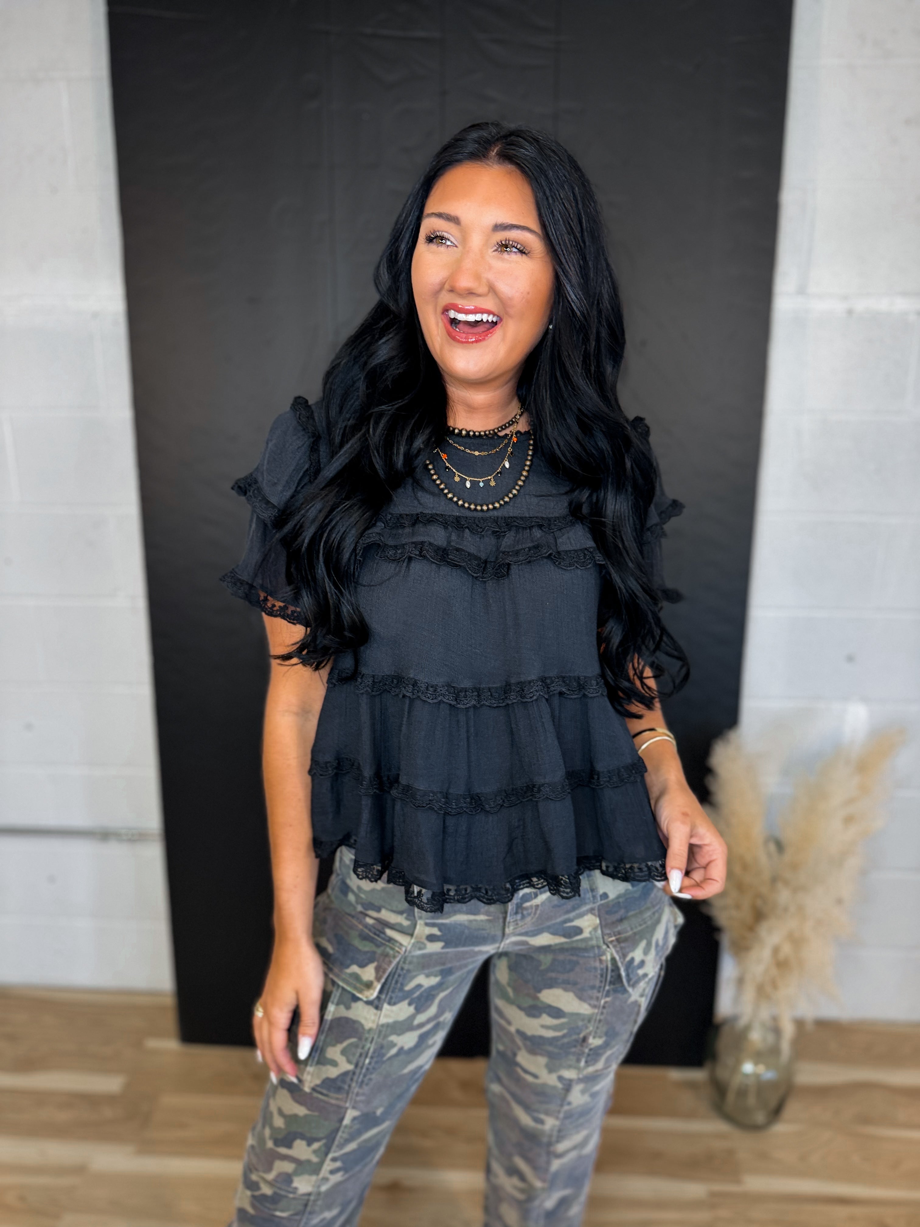 Tiered Ruffle Lace Trim Swing Top - Black - Lace and Grace Boutique