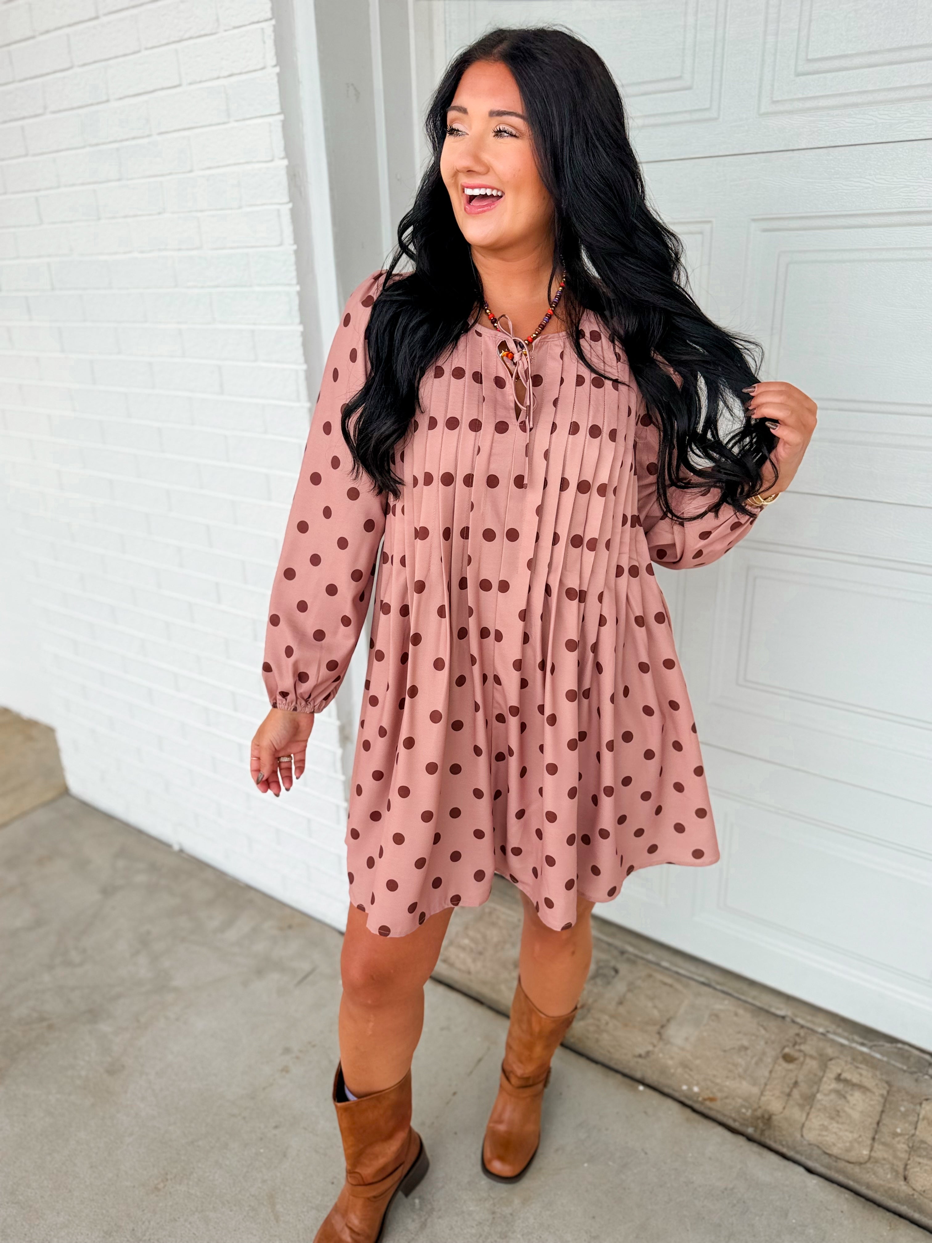 Polka Dot Pleated Long Sleeve Mini Shift Dress - Sienna - Lace and Grace Boutique