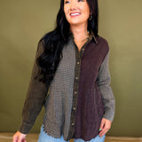 Multicolor Checkered Button Up Distressed Washed Top