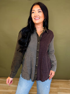 Multicolor Checkered Button Up Distressed Washed Top - Lace and Grace Boutique