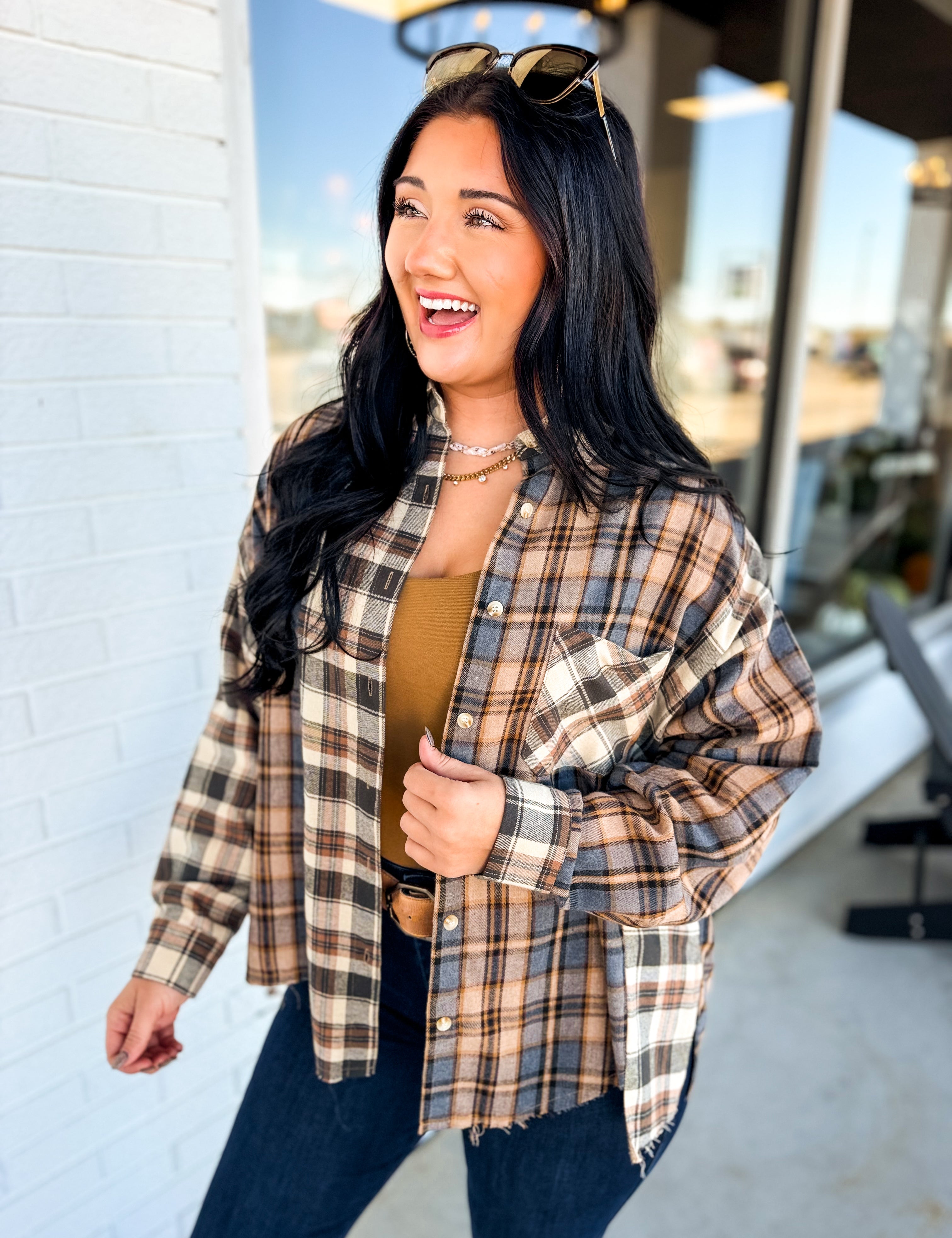 Oversized Mixed Plaid Button Down Flannel Shirt - Oat - Lace and Grace Boutique