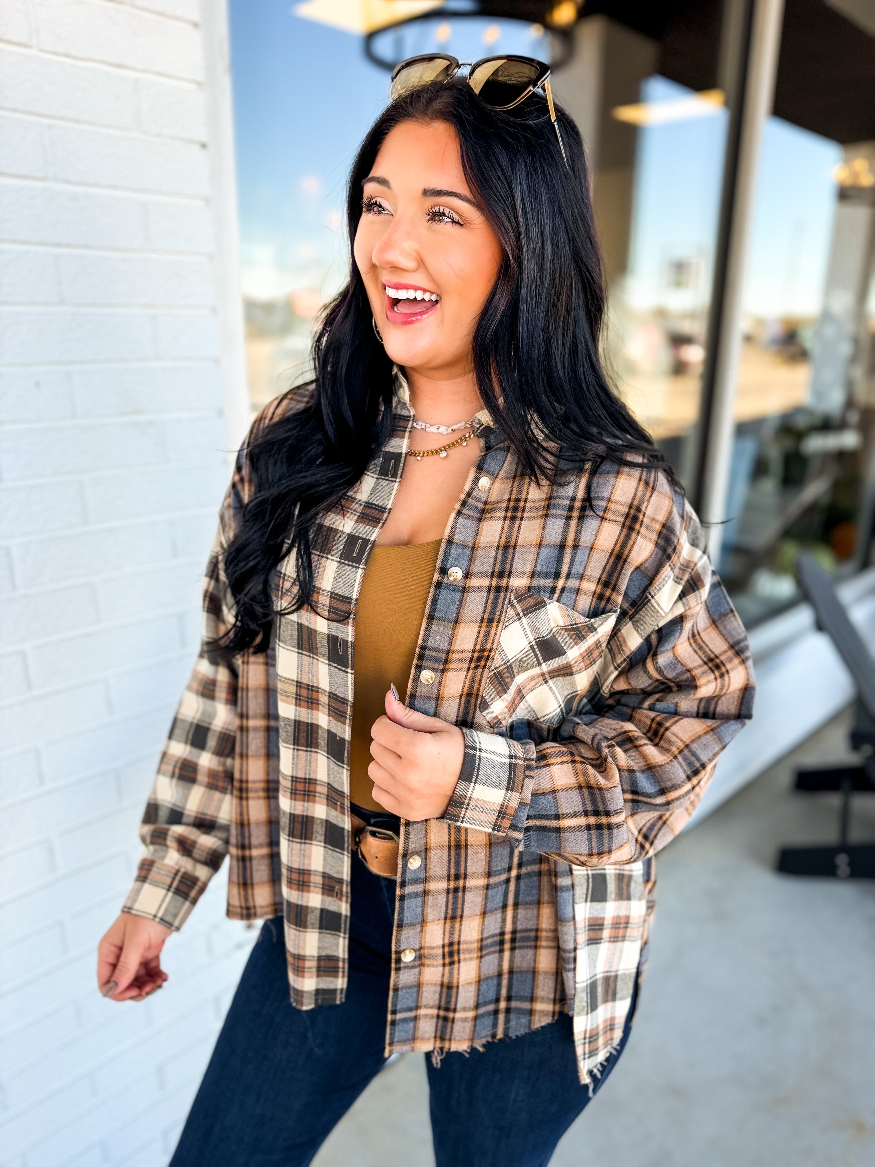 Oversized Mixed Plaid Button Down Flannel Shirt - Oat - Lace and Grace Boutique