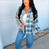 Plaid Patchwork Button Up Flannel Top - Blue Multi