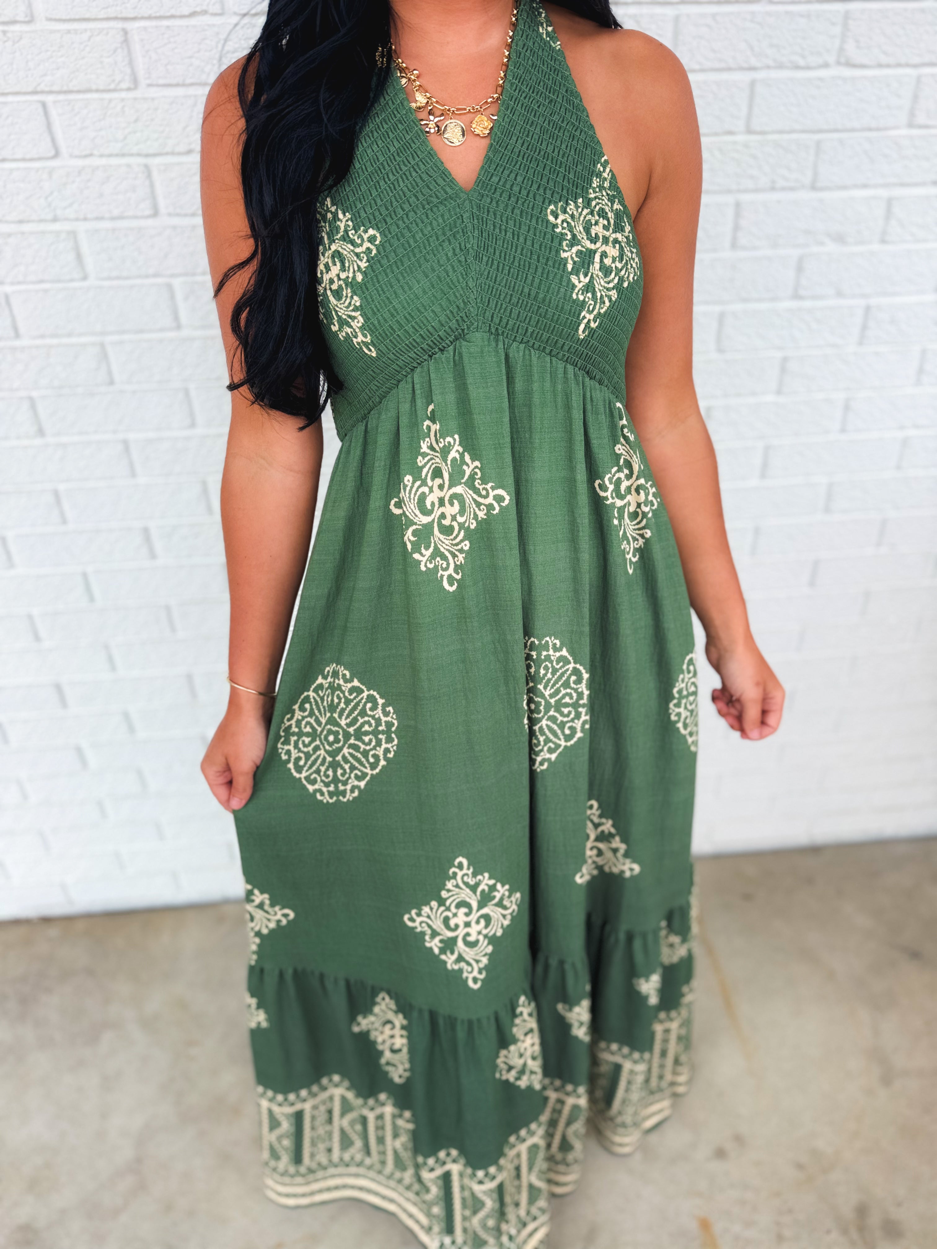 Smocked Border Print Maxi Dress - Rich Teal - Lace and Grace Boutique