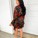 Midnight Floral Satin Wrap Dress - Black
