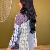 Oli & Hali Washed Patchwork Button Up Top - Navy - Lace and Grace Boutique