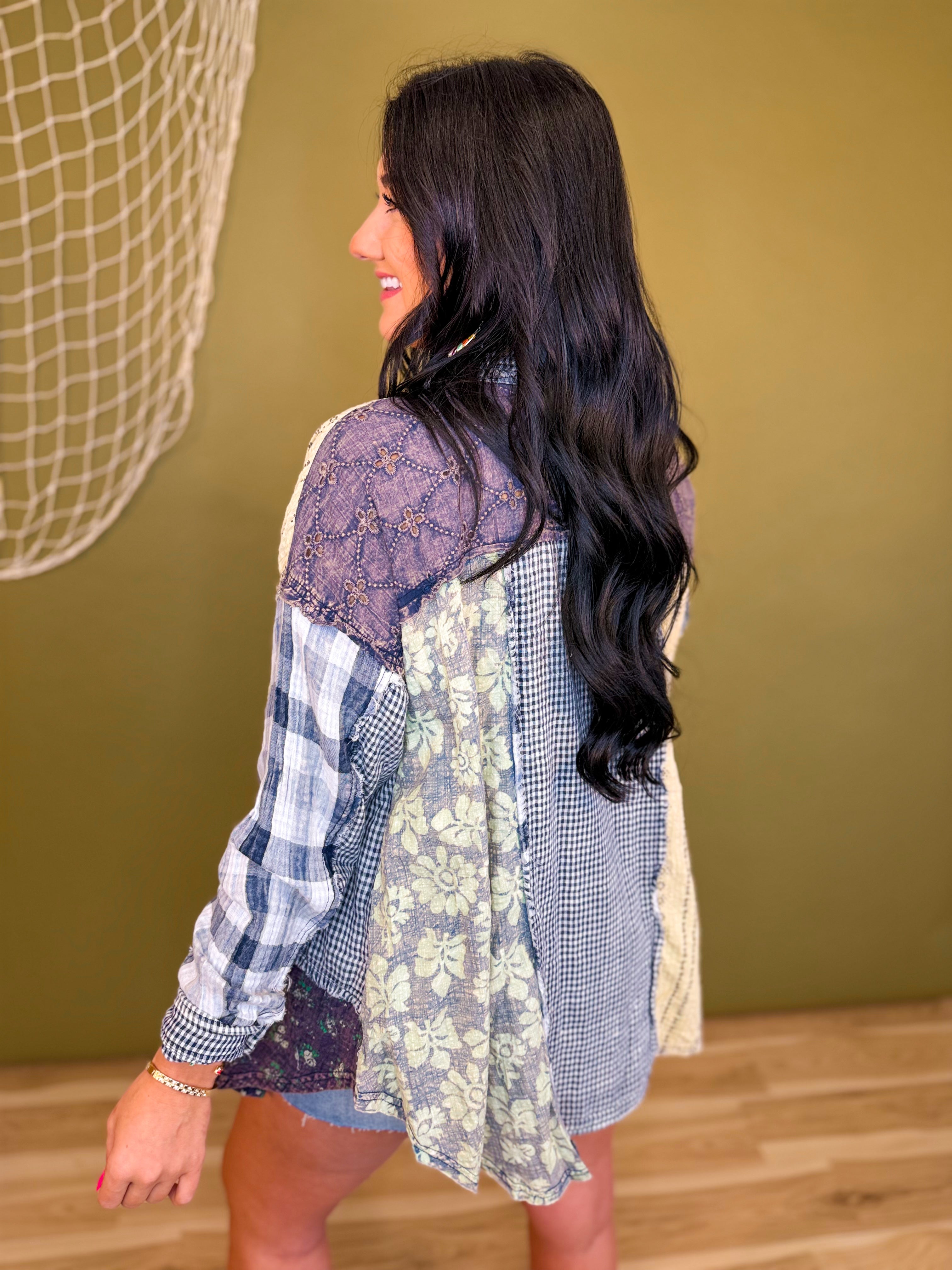 Oli & Hali Washed Patchwork Button Up Top - Navy - Lace and Grace Boutique