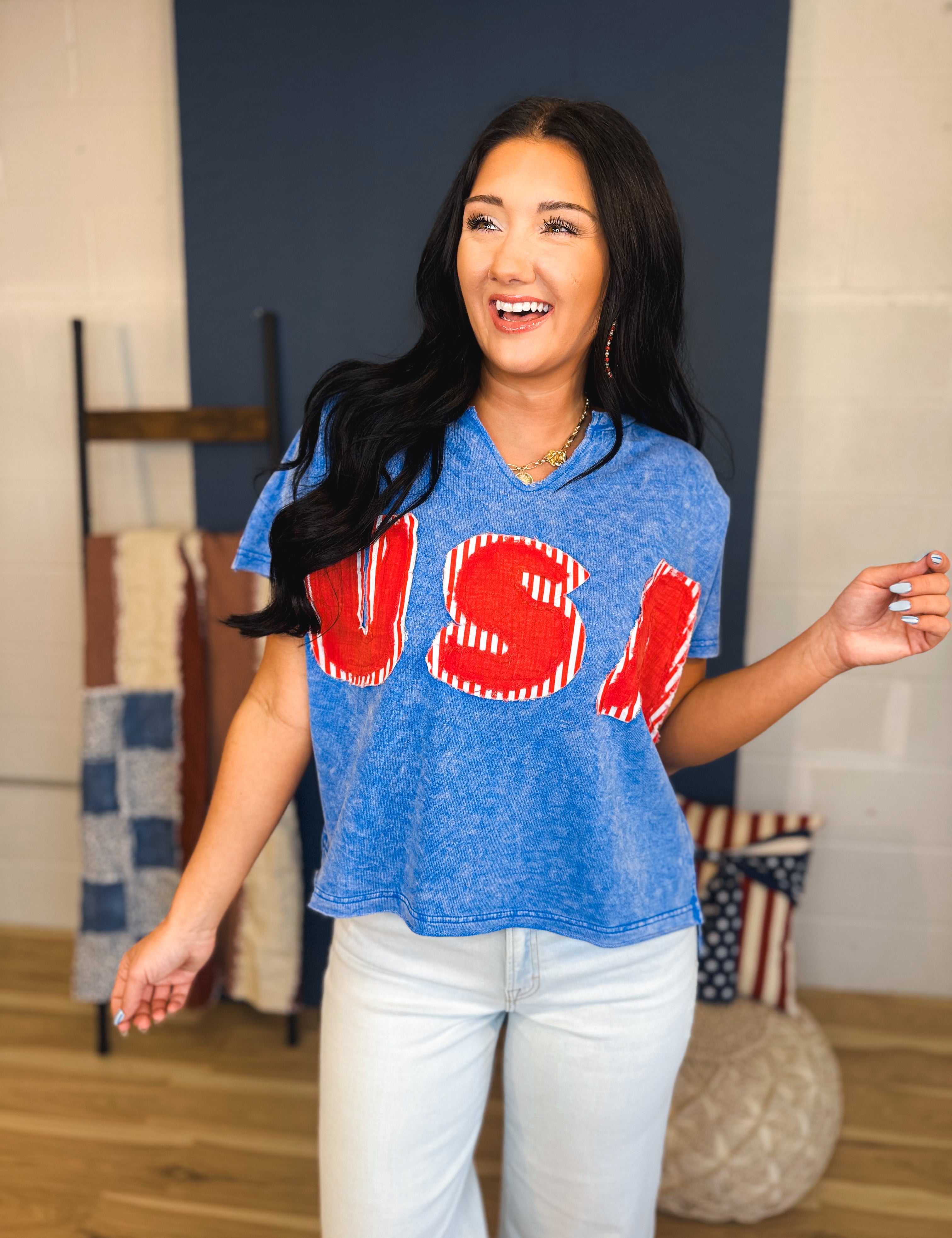 Mineral Washed USA Patch Knit Top - Washed Blue - Lace and Grace Boutique