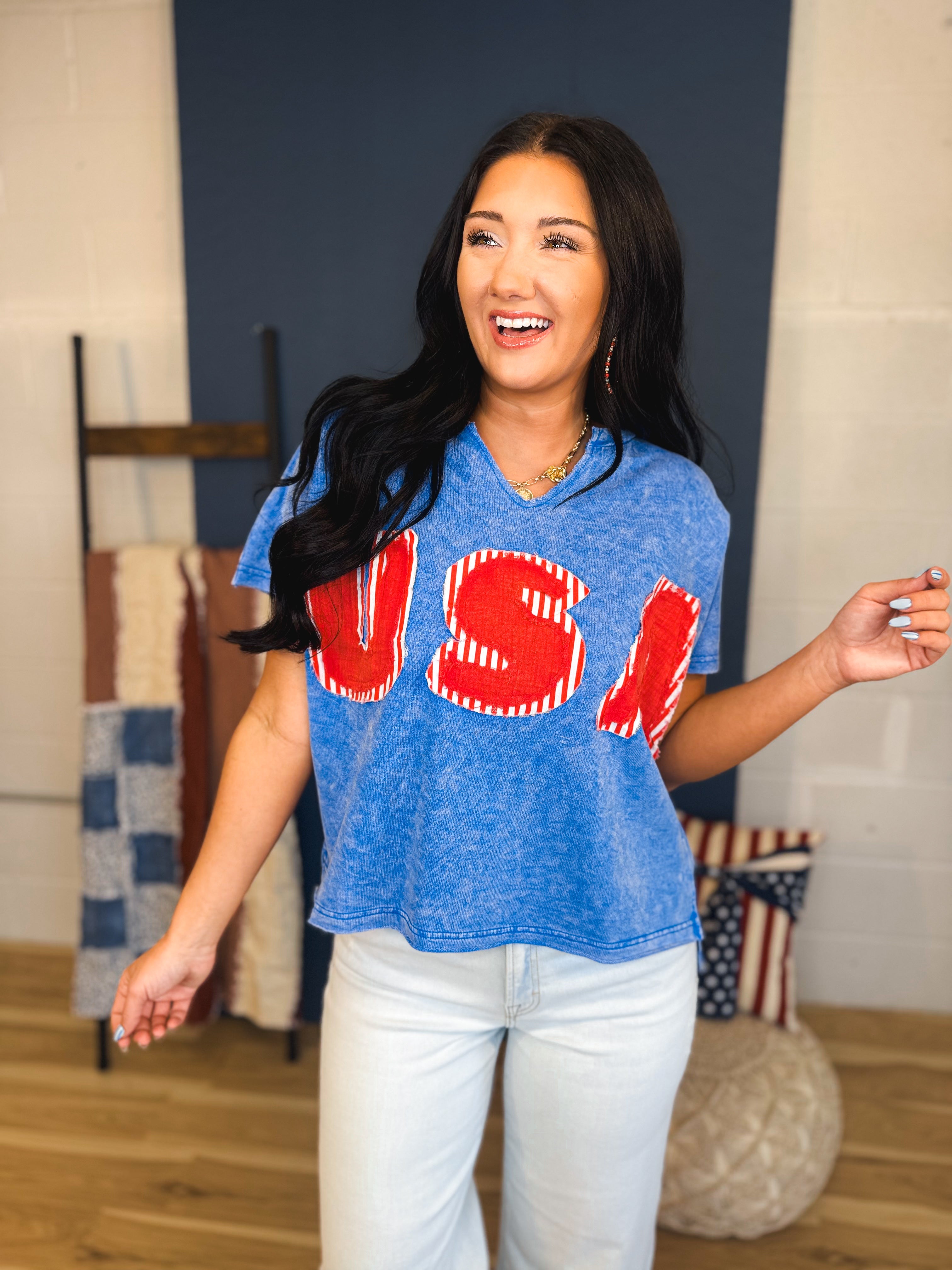 Mineral Washed USA Patch Knit Top - Washed Blue - Lace and Grace Boutique