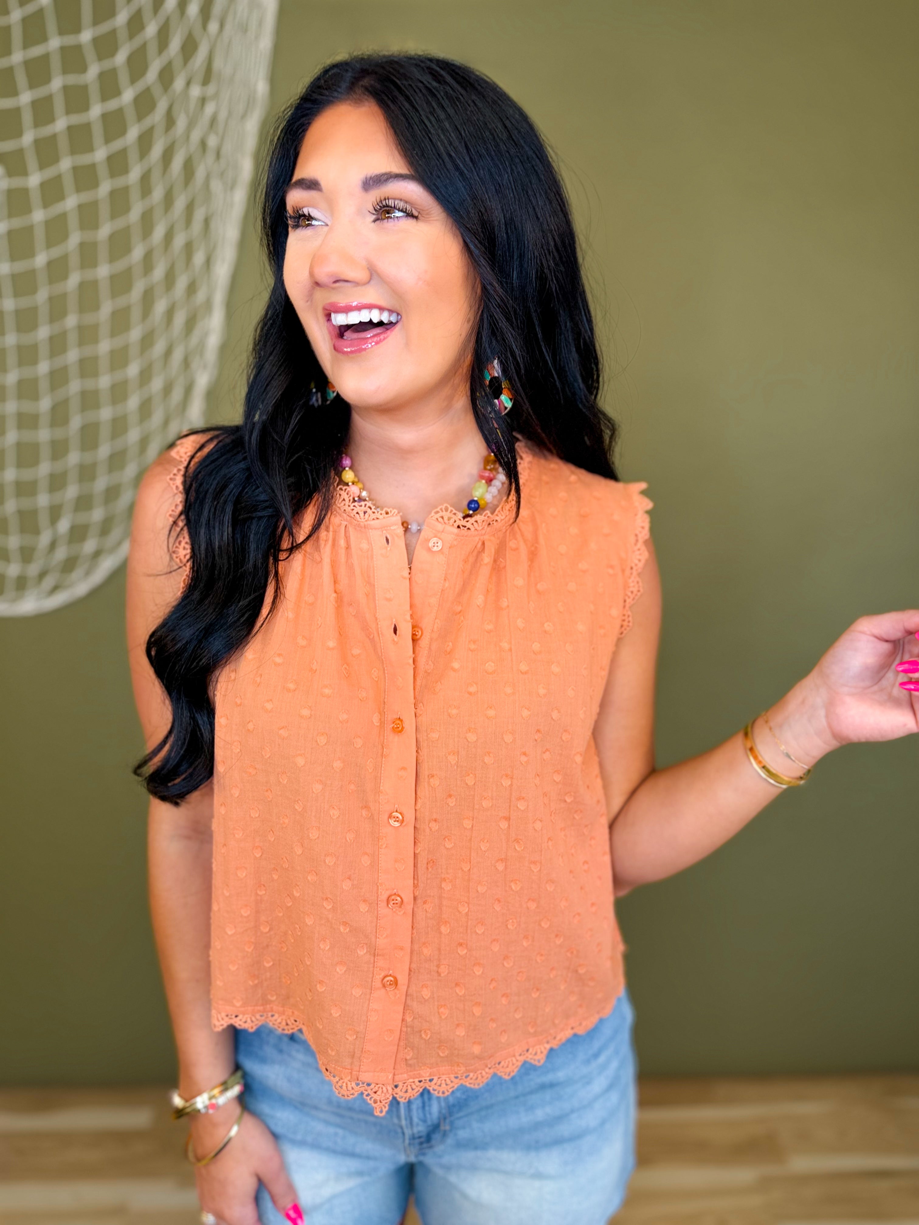 Lace Trim Swiss Dot Button Up Tank Top - Sienna - Lace and Grace Boutique