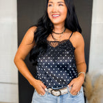 Polka Dot Lace Trim Satin Camisole Tank Top - Black - Lace and Grace Boutique